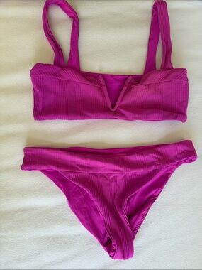 L Space Ribbed Magenta Bikini Set - V-Notch Top